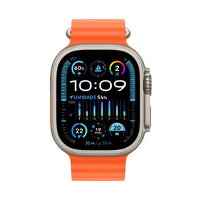 Apple Watch Ultra 2 GPS + Cellular • Caixa de titânio – 49 mm • Pulseira Oceano laranja (Neutro em Carbono)