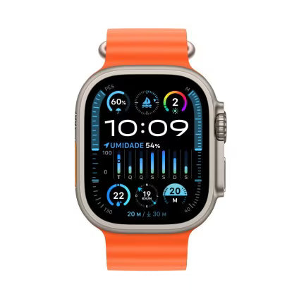 Apple Watch Ultra 2 GPS + Cellular • Caixa de titânio – 49 mm • Pulseira Oceano laranja (Neutro em Carbono)