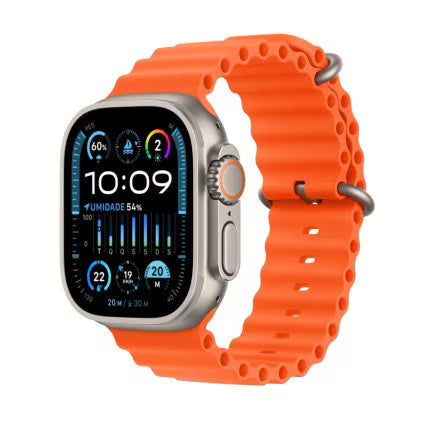 Apple Watch Ultra 2 GPS + Cellular • Caixa de titânio – 49 mm • Pulseira Oceano laranja (Neutro em Carbono)
