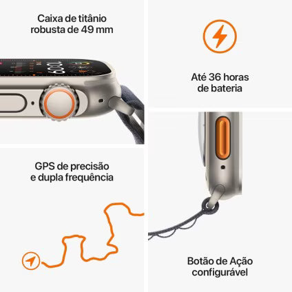 Apple Watch Ultra 2 GPS + Cellular • Caixa de titânio – 49 mm • Pulseira Oceano laranja (Neutro em Carbono)