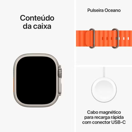 Apple Watch Ultra 2 GPS + Cellular • Caixa de titânio – 49 mm • Pulseira Oceano laranja (Neutro em Carbono)